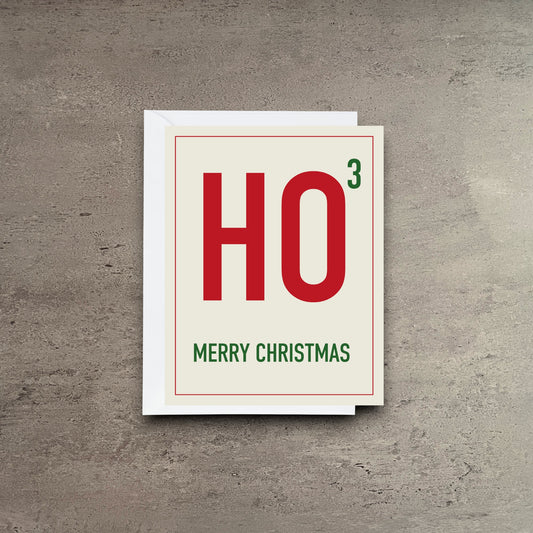 Impish Greetings HO Cubed Christmas card with red and green typography on cream cardstock with white envelope