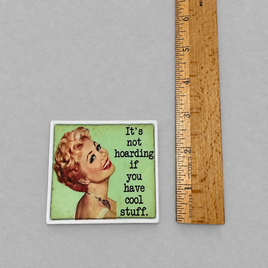 Impish Greetings vinyl sticker featuring a vintage woman illustration and the text It's Not Hoarding If You Have Cool Stuff