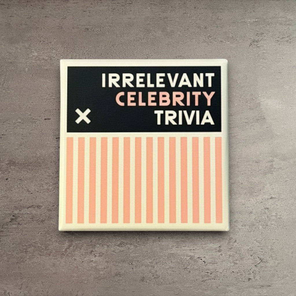 Irrelevant Celebrity Trivia card game box with black and peach striped design on a grey background