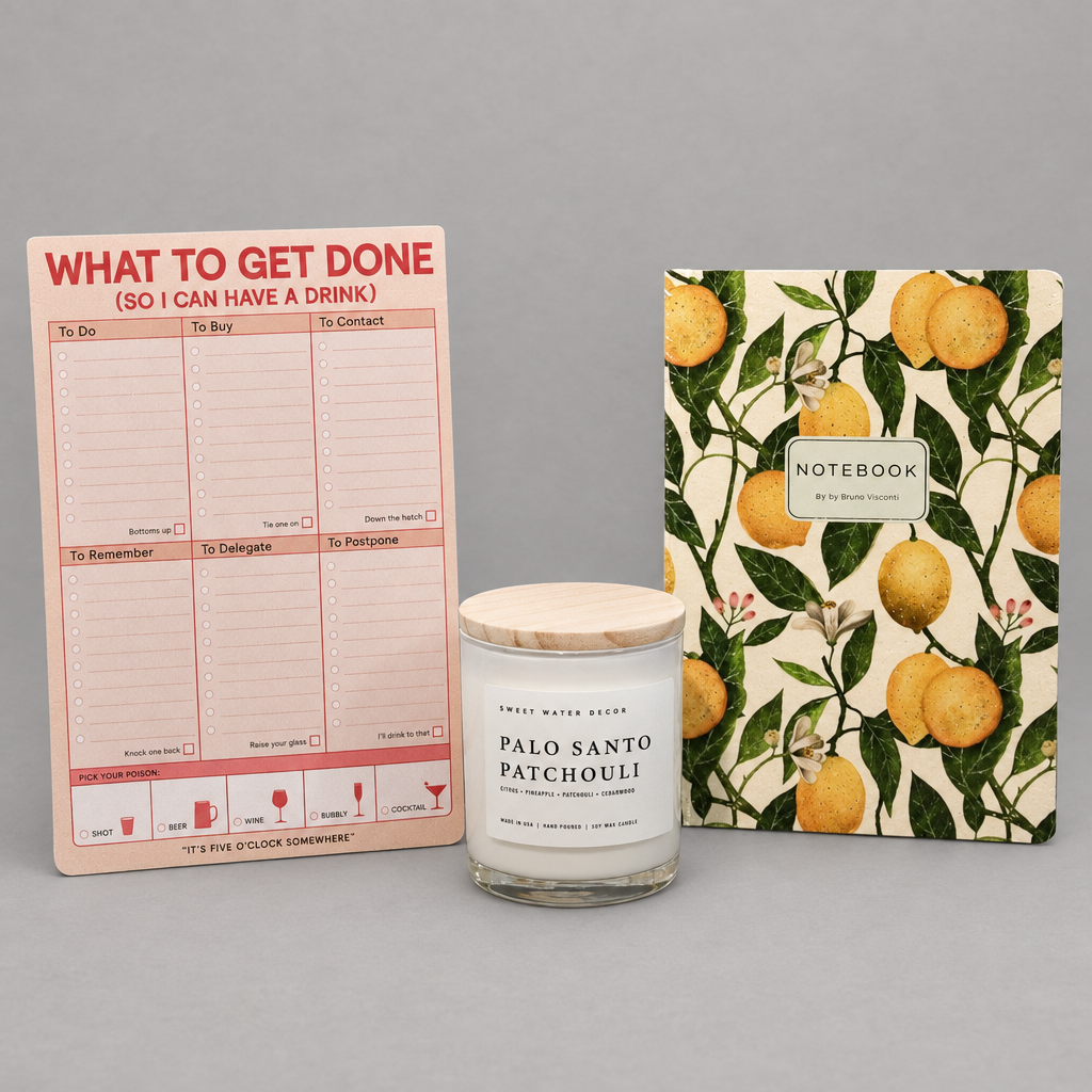 Impish Greetings It Gets Better Bundle featuring a lemon notebook, Palo Santo Patchouli candle, and a to-do notepad.