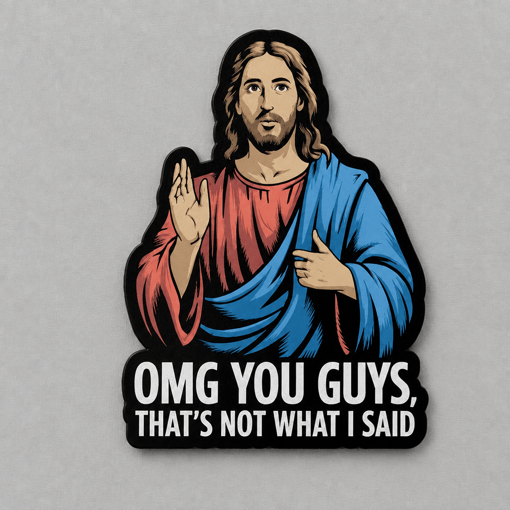 Impish Greetings vinyl sticker featuring a Jesus illustration with the text OMG YOU GUYS, THAT'S NOT WHAT I SAID.