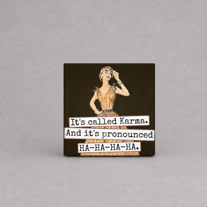 Impish Greetings square magnet featuring a vintage-style woman in a yellow plaid dress with the text It's called Karma.