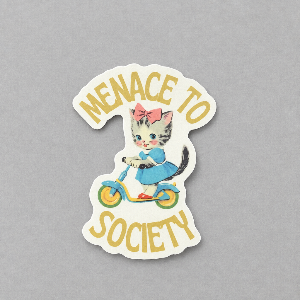 Impish Greetings Menace to Society sticker featuring a vintage kitten on a scooter with a pink bow