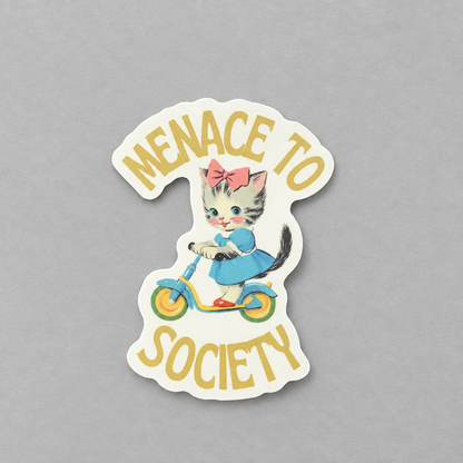 Impish Greetings Menace to Society sticker featuring a vintage kitten on a scooter with a pink bow
