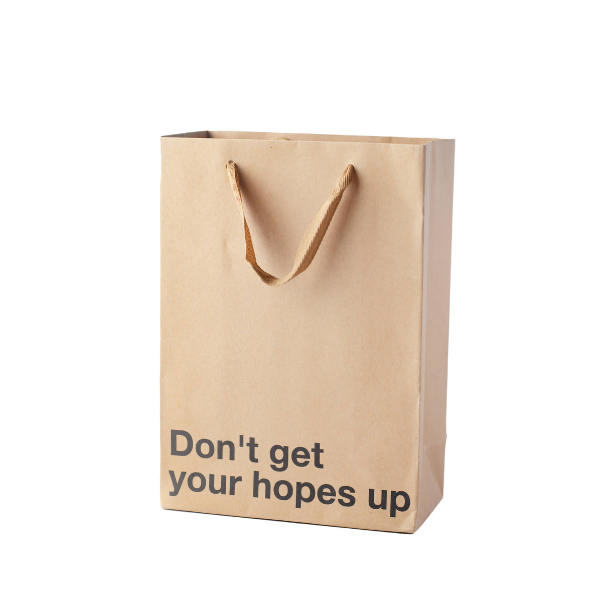 Impish Greetings kraft paper gift bag with black text reading Don't get your hopes up and ribbon handles