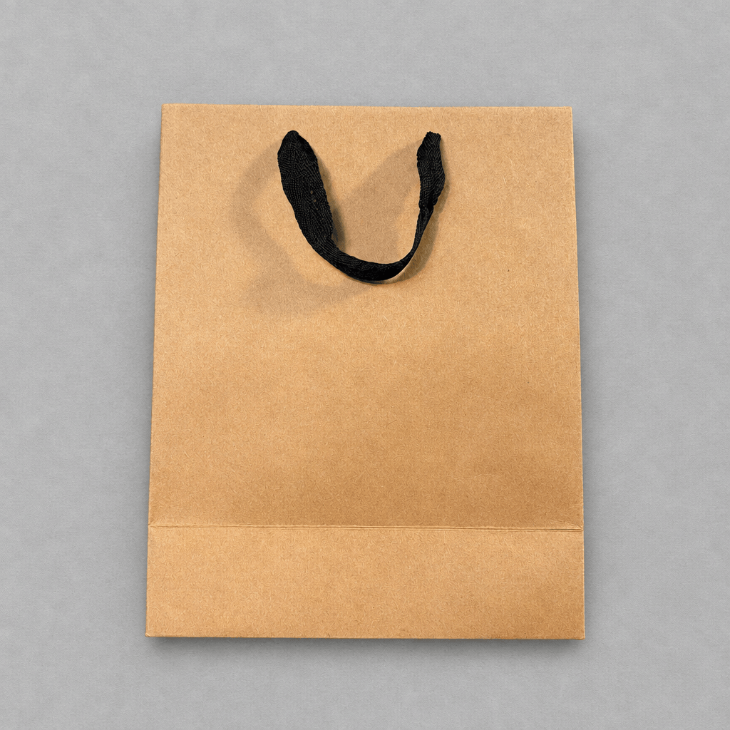 Impish Greetings I Tried kraft paper gift bag with black ribbon handles on a grey background
