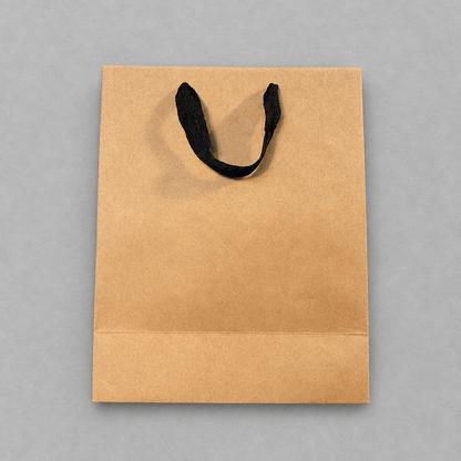 Impish Greetings I Tried kraft paper gift bag with black ribbon handles on a grey background