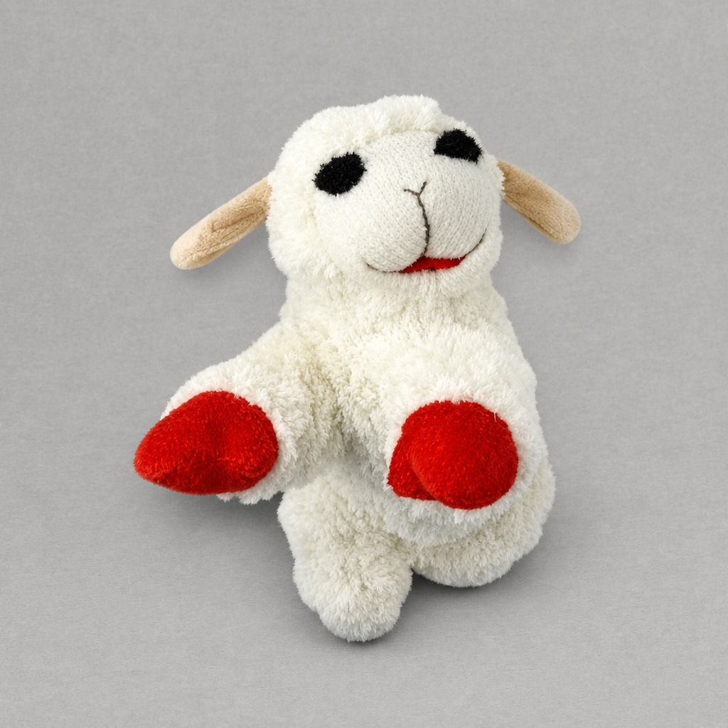 Impish Greetings 6-inch Lamb Chop plush dog toy with soft white fabric, red hooves, and a built-in squeaker.