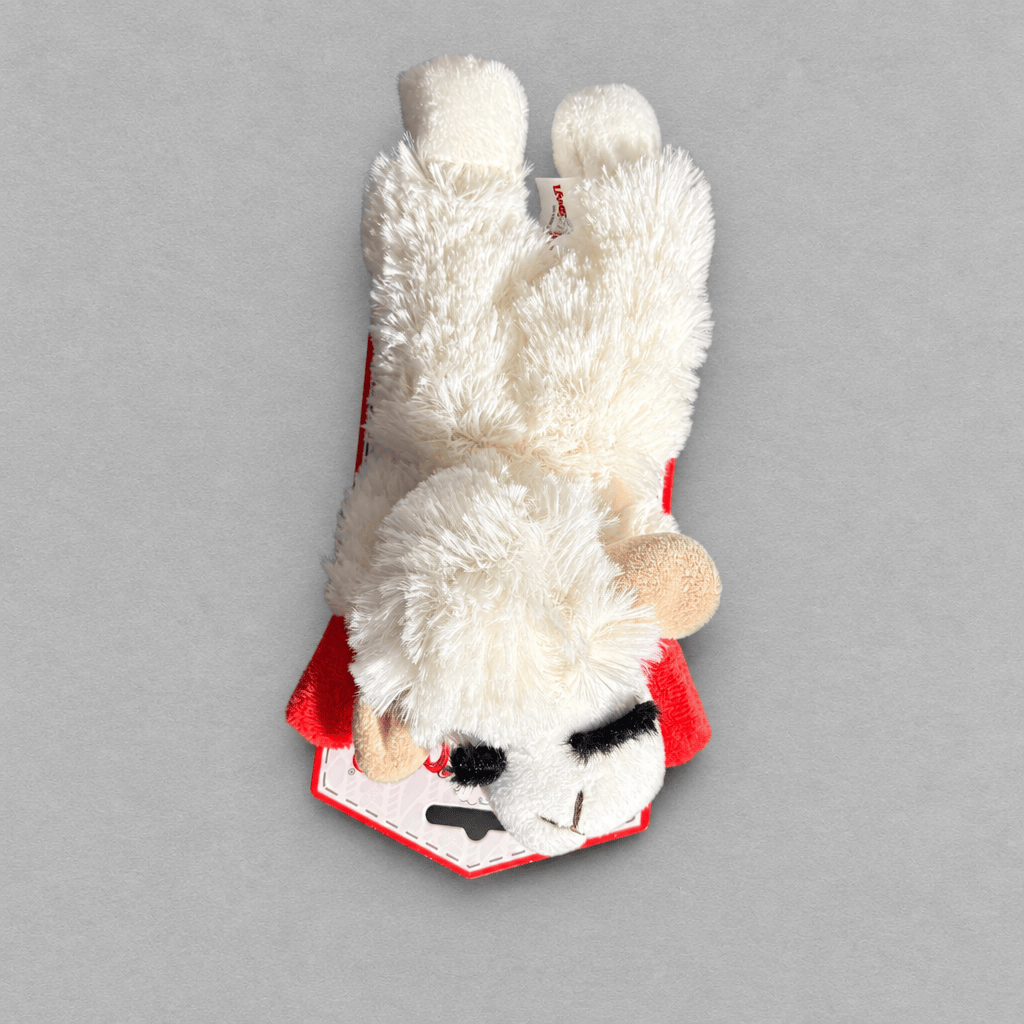 Impish Greetings 6-inch Lamb Chop plush dog toy with soft white fur, tan ears, and a built-in squeaker.