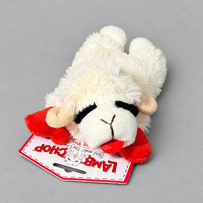 Impish Greetings 6-inch Lamb Chop plush dog toy with soft cream fur, red ears, and a built-in squeaker.