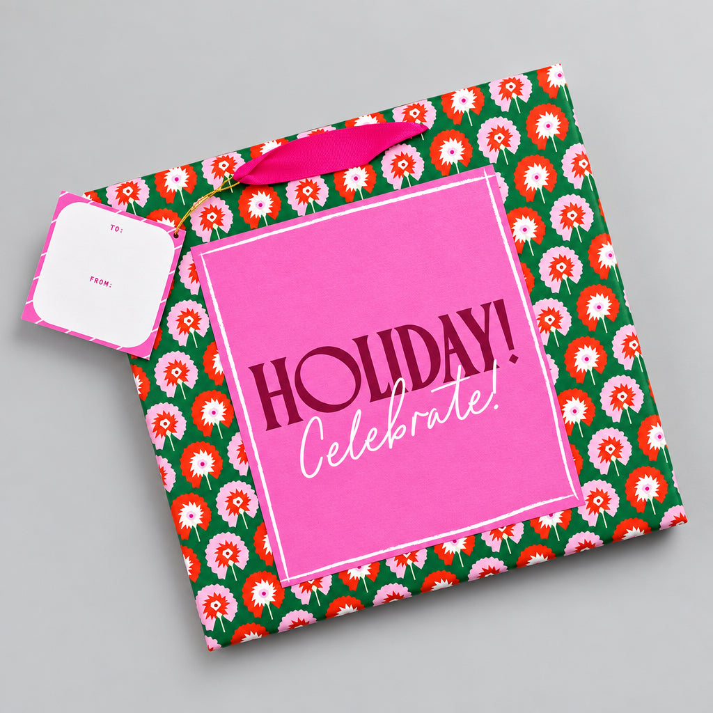 Impish Greetings large gift bag with green floral pattern, pink center panel, metallic ribbon, and To/From tag.