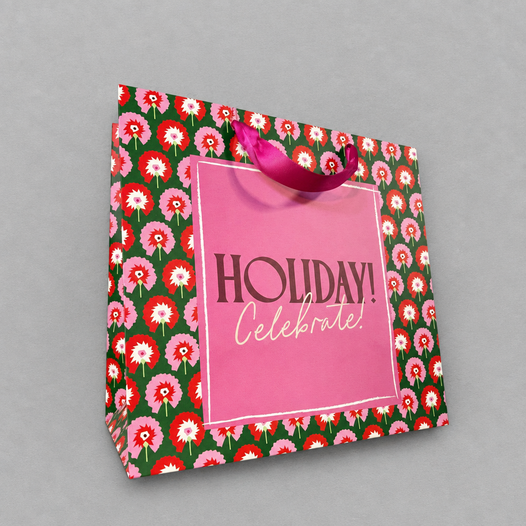 Impish Greetings large gift bag with pink floral pattern, metallic ribbon handle, and Holiday Celebrate text.