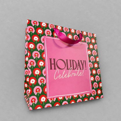 Impish Greetings large gift bag with pink floral pattern, metallic ribbon handle, and Holiday Celebrate text.