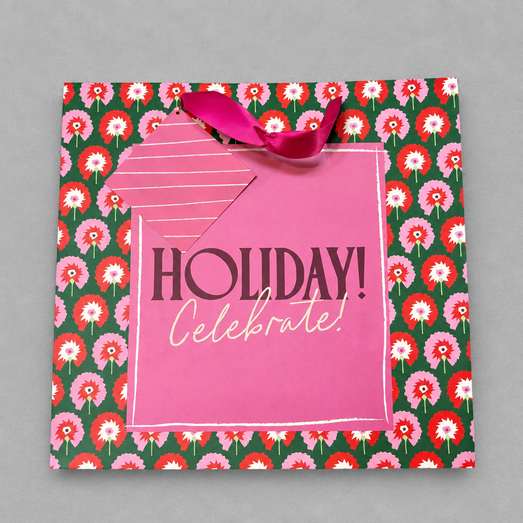 Impish Greetings large gift bag with pink floral pattern, Holiday Celebrate text, and a metallic pink ribbon handle.
