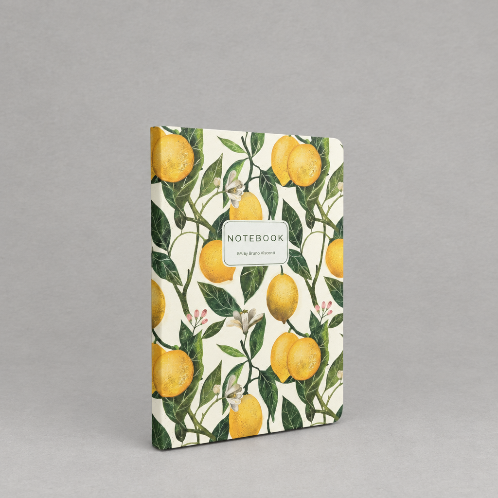 Impish Greetings A5 softcover notebook featuring a vintage-style lemon and blossom print on a cream background.