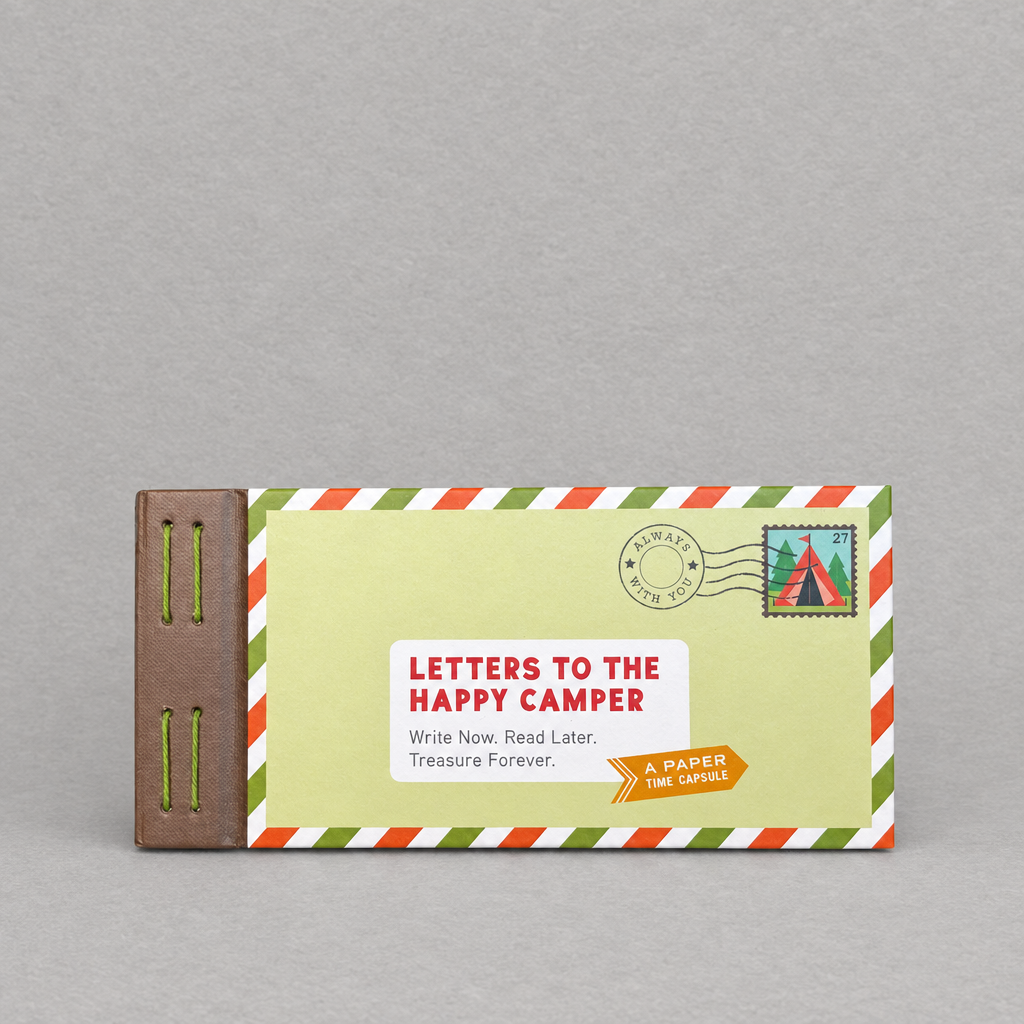 Impish Greetings Letters to the Happy Camper hardcover book with an envelope-style cover and green stitched spine.