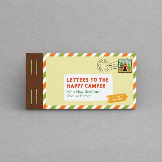 Impish Greetings Letters to the Happy Camper hardcover book with envelope-style cover and green string binding.