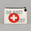 Impish Greetings linen mini zipper bag with Oh Shit Kit text and red cross graphic for beauty and health essentials.