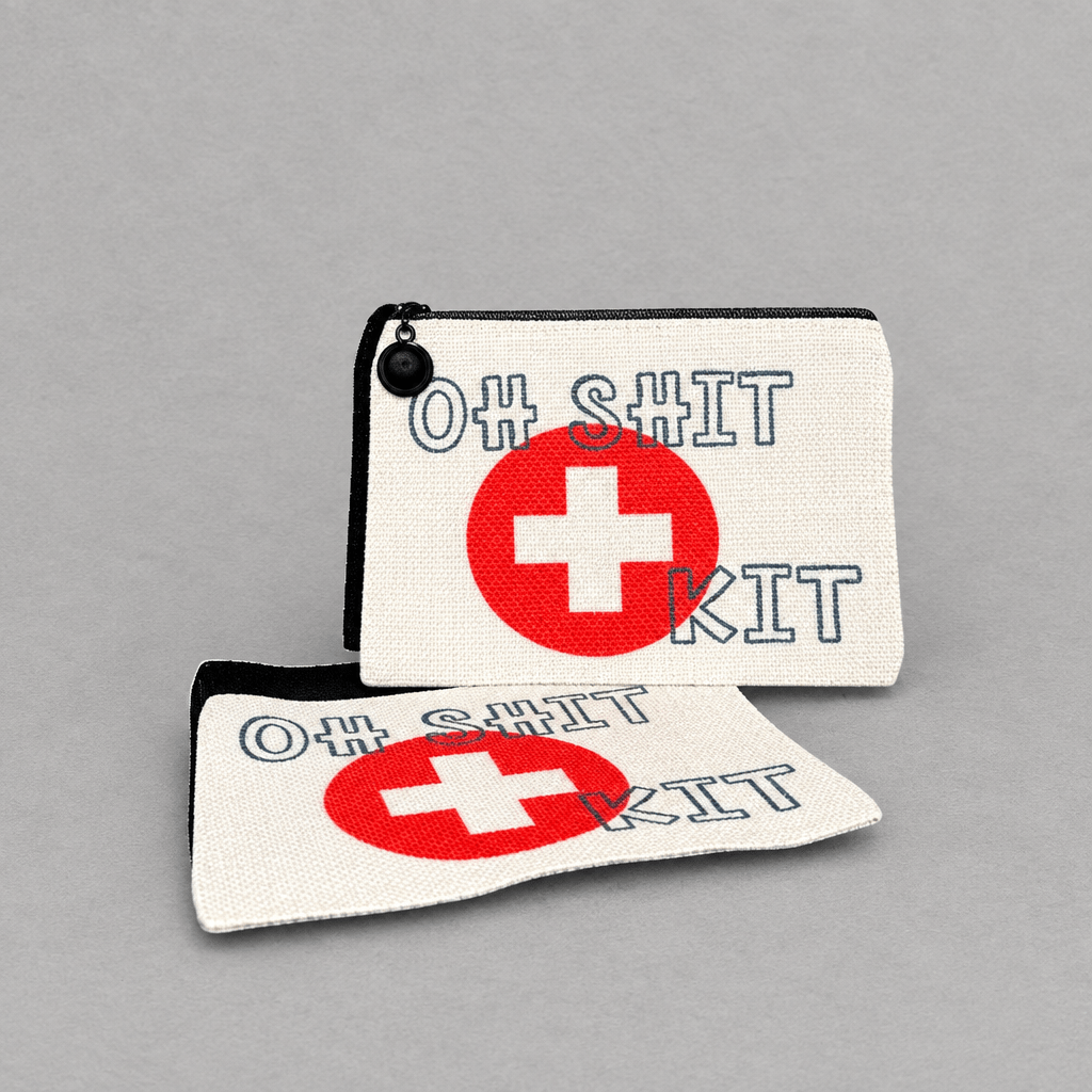 Impish Greetings linen mini zipper bag featuring a red cross and Oh Shit Kit text for beauty and personal essentials.