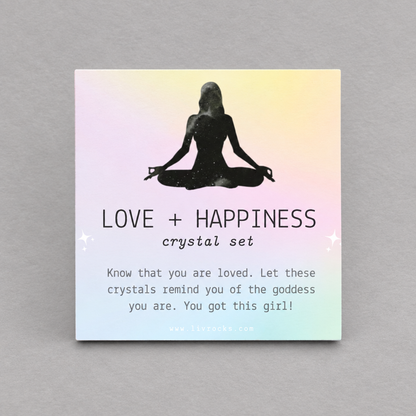 Impish Greetings LOVE + HAPPINESS crystal set card featuring a silhouette of a person meditating in a lotus pose.