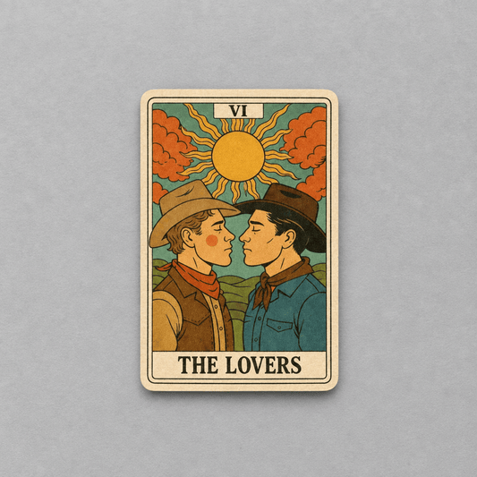 Impish Greetings The Lovers tarot sticker featuring two cowboys in a vintage illustration style with a matte finish.