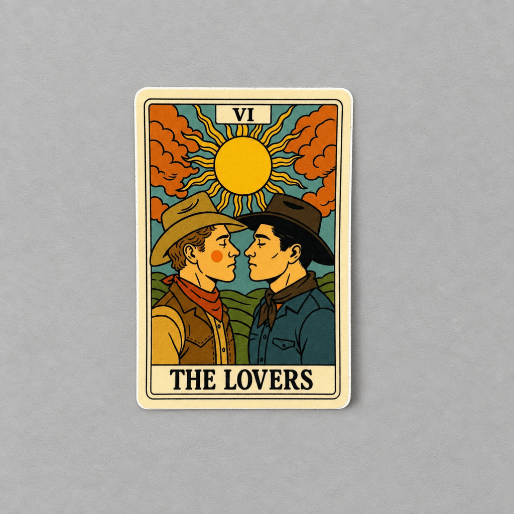 Impish Greetings The Lovers Tarot sticker featuring two cowboys in a retro illustration with a sun and mountain backdrop