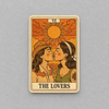 Impish Greetings The Lovers tarot card sticker featuring two cowgirls kissing under a sun in warm orange tones.