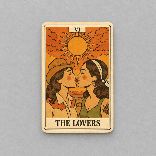 Impish Greetings The Lovers tarot card sticker featuring two cowgirls kissing under a sun in warm orange tones.