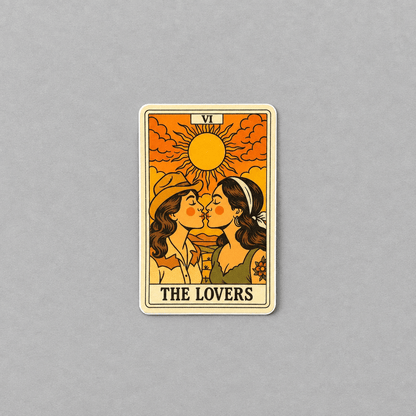 Impish Greetings The Lovers tarot card sticker featuring two cowgirls kissing under a sun, matte vinyl design.