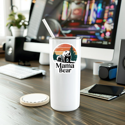 Impish Greetings Mama Bear vinyl sticker featuring a bear and cub silhouette on a white tumbler on a desk