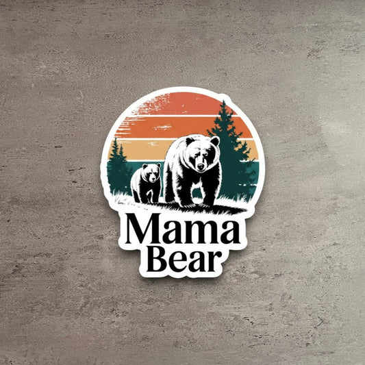 Impish Greetings Mama Bear vinyl sticker featuring a bear and cub in a retro sunset forest scene on wood background.
