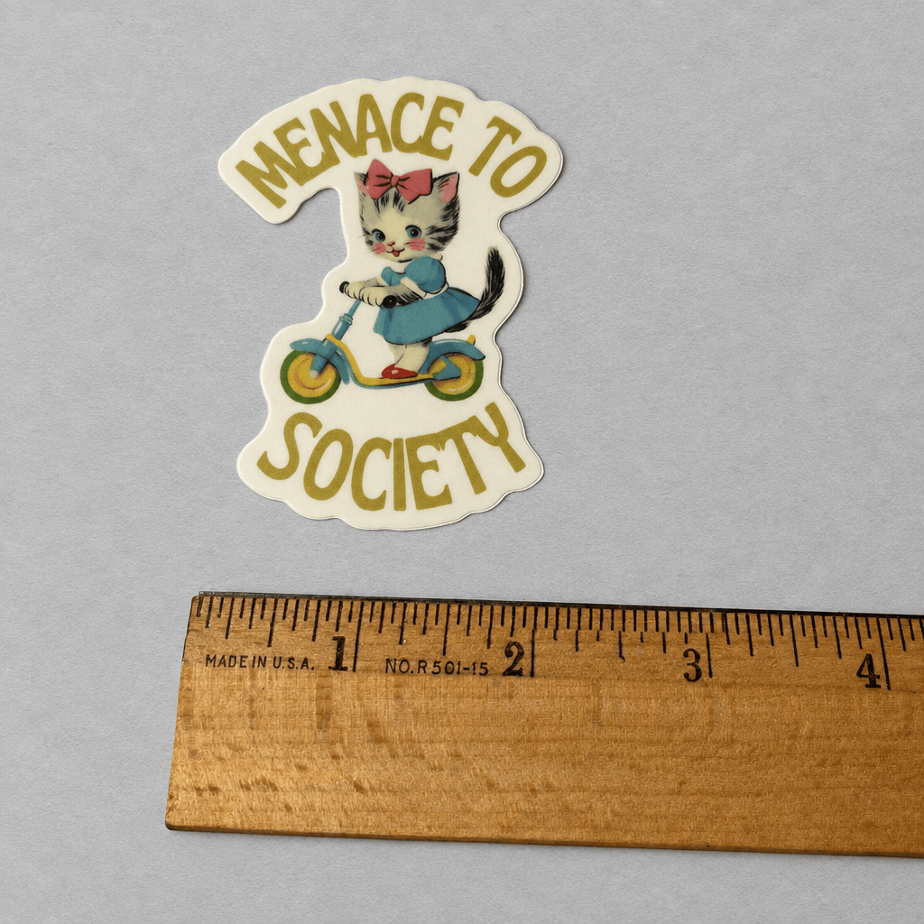 Impish Greetings Menace to Society sticker featuring a cute kitten on a scooter with vintage-style typography.