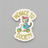 Impish Greetings Menace to Society sticker featuring a vintage kitten in a blue dress riding a scooter.