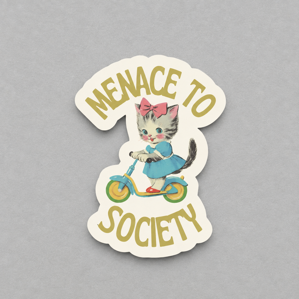 Impish Greetings Menace to Society sticker featuring a vintage kitten in a blue dress riding a scooter.