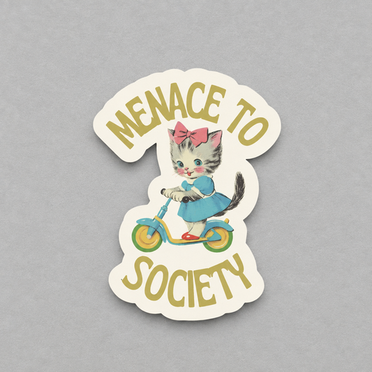 Impish Greetings Menace to Society sticker featuring a vintage kitten in a blue dress riding a scooter.