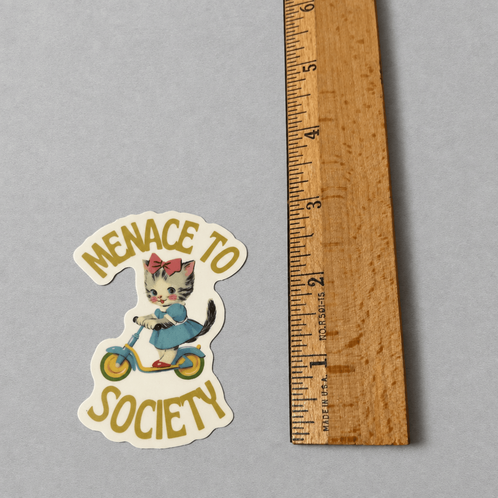 Impish Greetings Menace to Society sticker featuring a cute kitten on a scooter, made of durable waterproof vinyl.