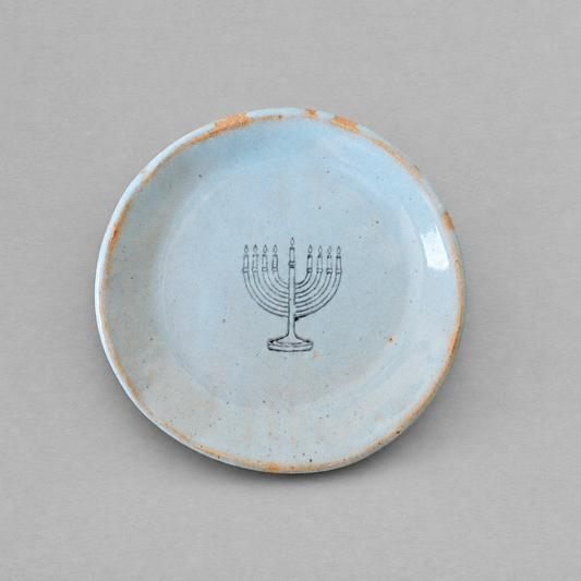 Impish Greetings handmade ceramic stoneware mini plate featuring a menorah design in a light blue glaze