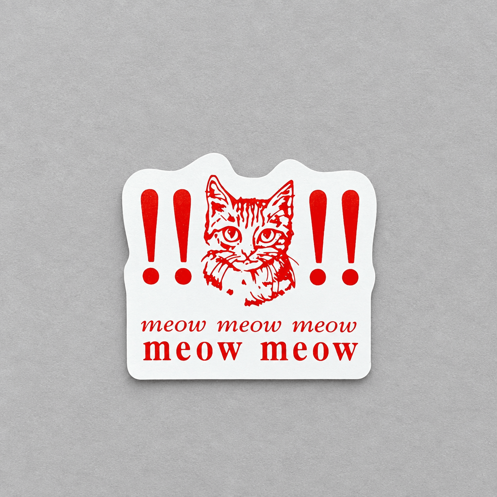 Impish Greetings Meow Meow Meow vinyl sticker featuring a red cat illustration and exclamation marks on white