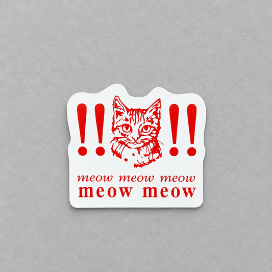 Impish Greetings Meow Meow Meow vinyl sticker featuring a red cat illustration and exclamation marks on white