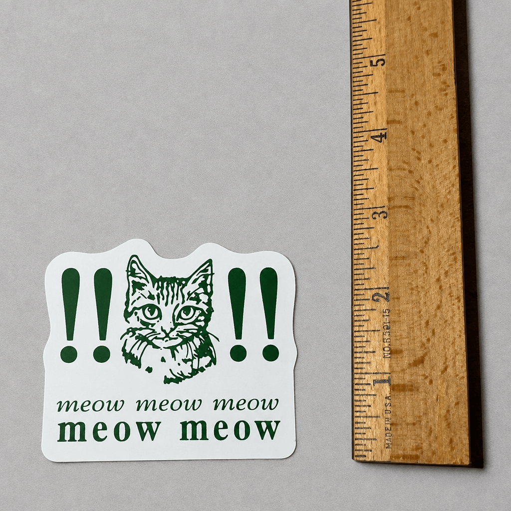 Impish Greetings vinyl sticker featuring a cat illustration with exclamation marks and the text meow meow meow