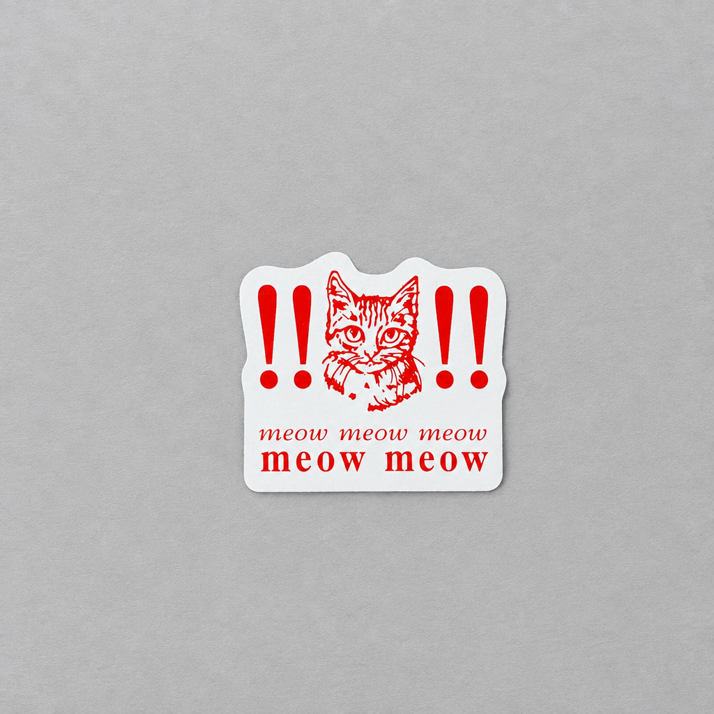 Impish Greetings Meow Meow Meow vinyl sticker featuring a red cat illustration and exclamation marks