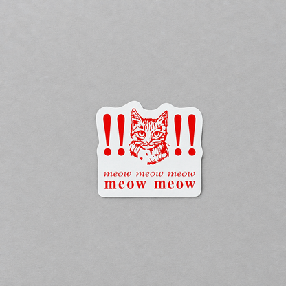 Impish Greetings Meow Meow Meow vinyl sticker featuring a red cat illustration and exclamation marks