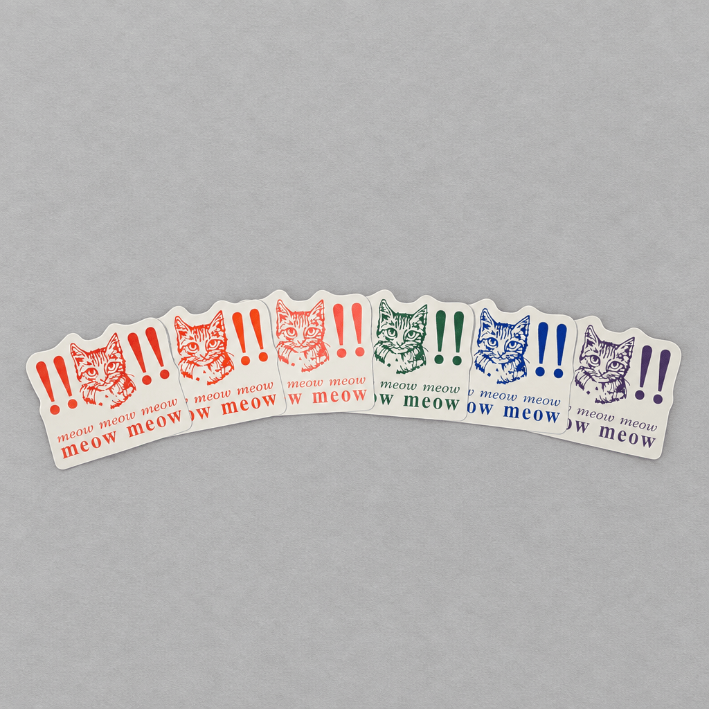 Impish Greetings Meow Meow Meow vinyl stickers in assorted colors featuring cat illustrations and exclamation marks.
