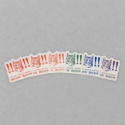 Impish Greetings Meow Meow Meow vinyl stickers in assorted colors featuring cat illustrations and exclamation marks.