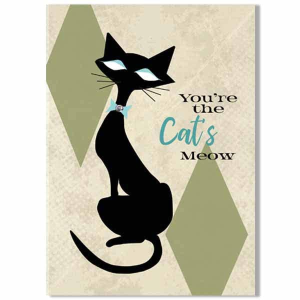 Impish Greetings Cat's Meow greeting card featuring a mid-century modern black cat illustration on a beige background