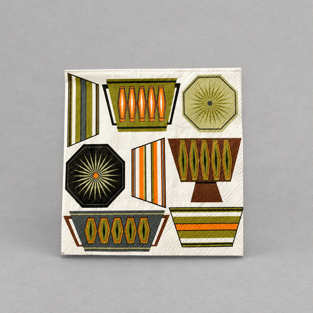 Impish Greetings cocktail napkin featuring a retro mid-century modern pattern of vintage cookware in green and orange.