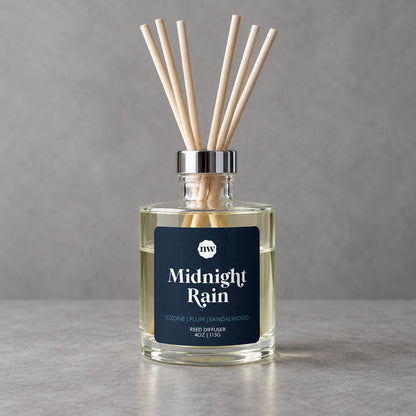 Impish Greetings Midnight Rain reed diffuser in a clear glass bottle with wooden reeds against a grey background