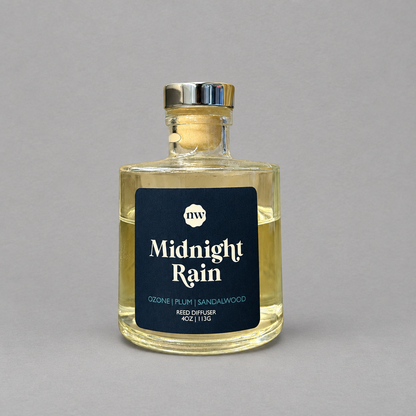 Impish Greetings Midnight Rain reed diffuser in a clear glass bottle with a dark blue label on a grey background.