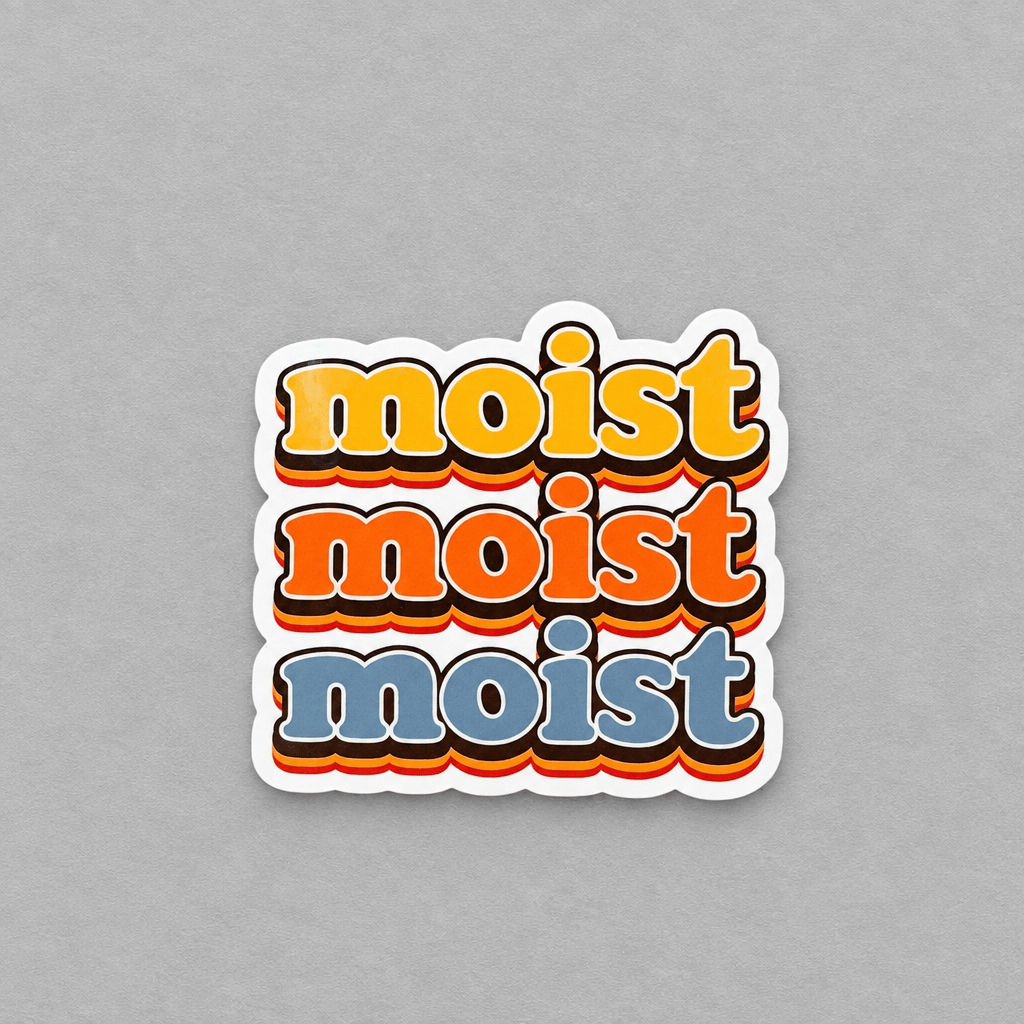 Impish Greetings vintage-style vinyl sticker featuring the word moist in retro yellow, orange, and blue typography.