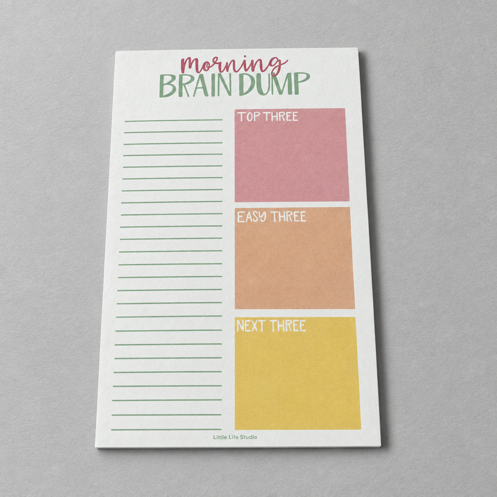 Impish Greetings Morning Brain Dump notepad with colorful task sections for daily planning on sustainable paper.